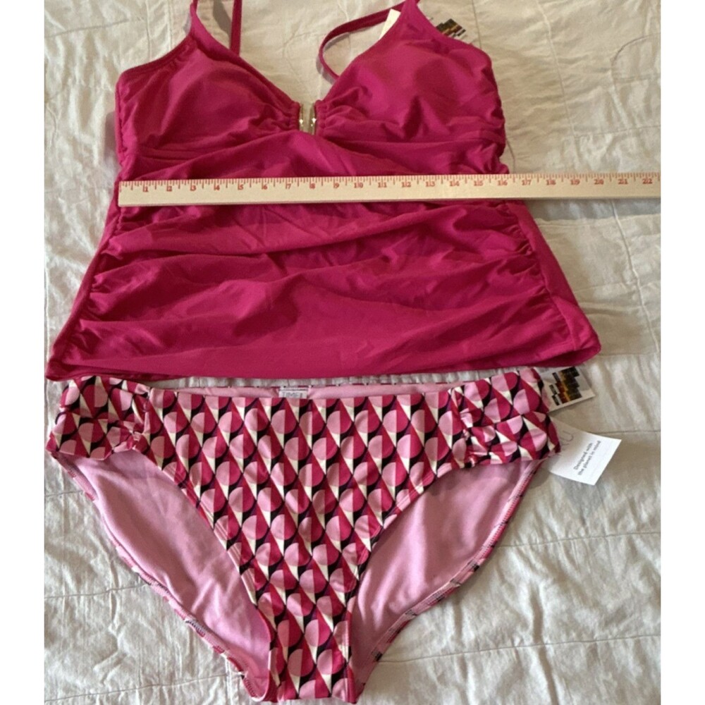 Time and Tru Women's Pink Geometric Tankini Swimwear Set XL Gold Hardware